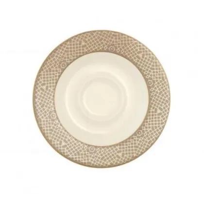 Zdjęcie Kremowy porcelanowy spodek zdobiony złotym motywem w stylu klasycznym – Tettau