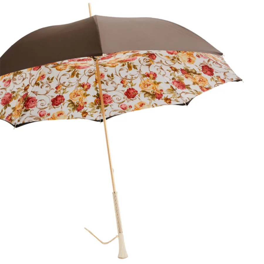 obrazek 8 Luksusowy brązowy parasol damski zdobiony wyjątkowym kwiatowym motywem z rączką wysadzaną kryształkami Swarovskiego - Pasotti