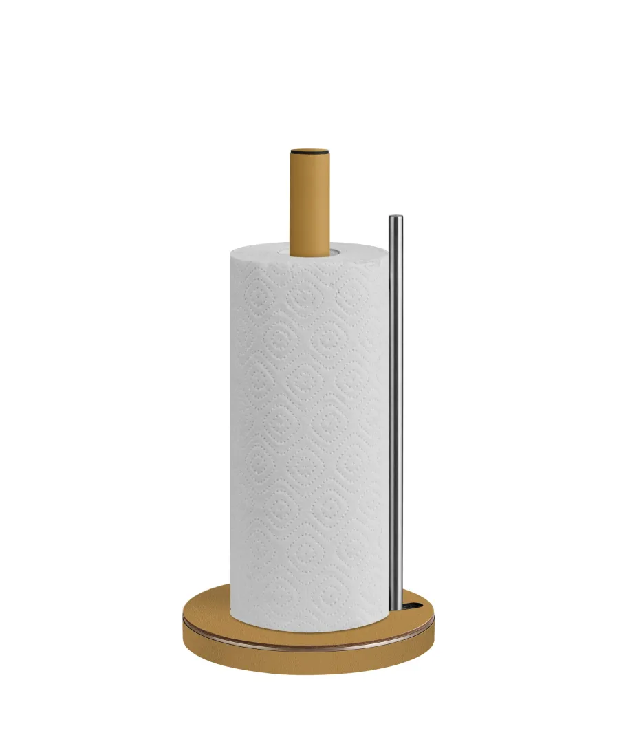 obrazek 2 Kuchenny uchwyt na ręcznik papierowy wykonany z metalu i naturalnej skóry w kolorze musztardowym