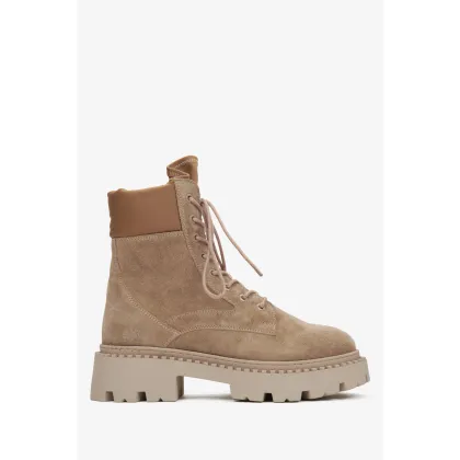 Zdjęcie Estro: Beżowe botki damskie z włoskiego weluru naturalnego ze sznurowaniem