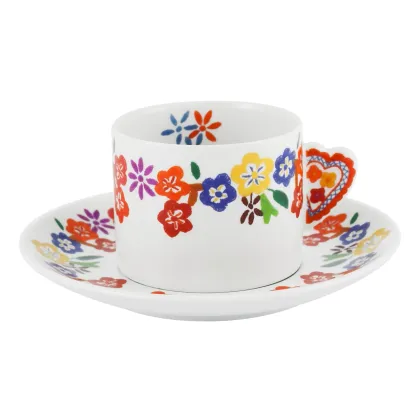 Picture Vila Verde porcelain tea cup and saucer with a motif referring to Vila Verde Valentine's Day handkerchiefs - Vista Alegre