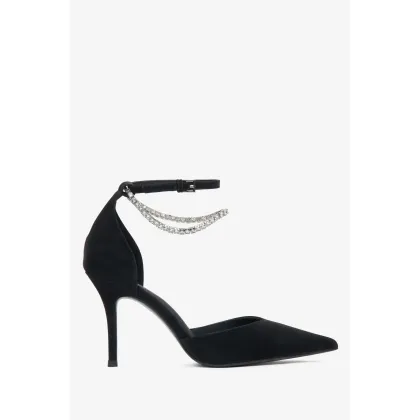 Zdjęcie Estro: Czarne czółenka damskie w szpic z kryształkami z teksturowanej skóry