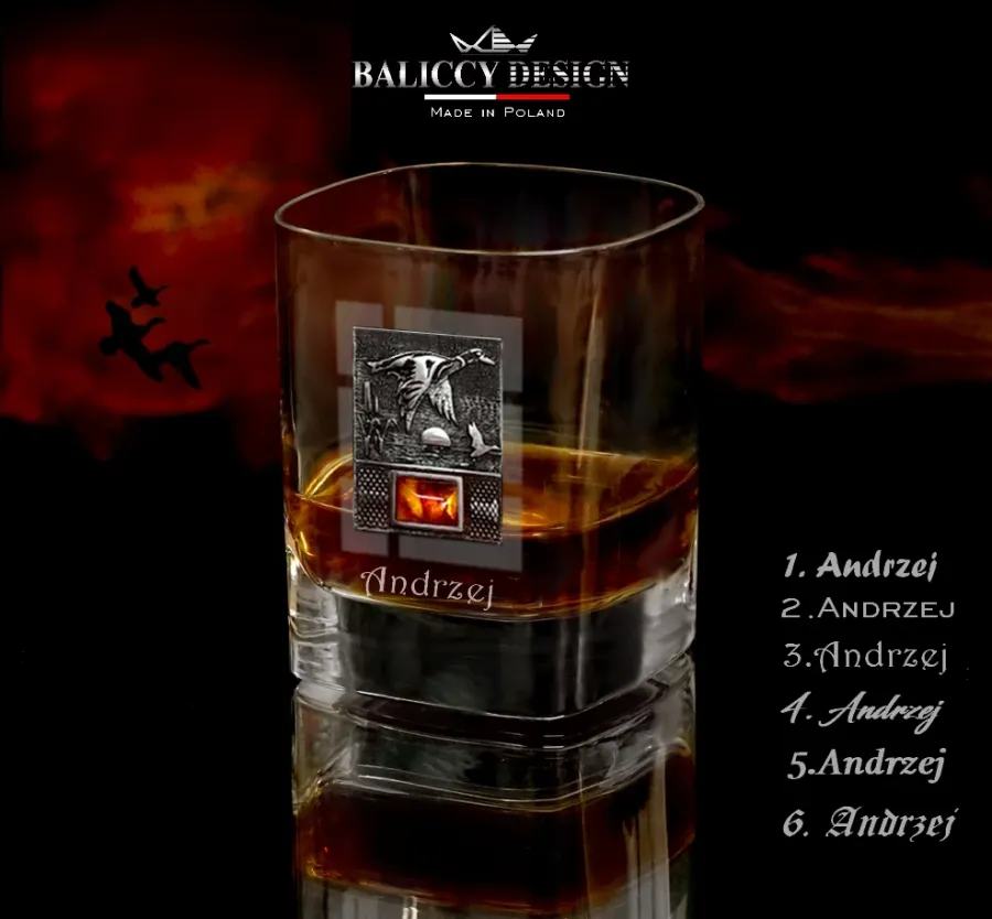 obrazek 4 Luksusowa szklanka do whisky z bursztynem - dla myśliwego 