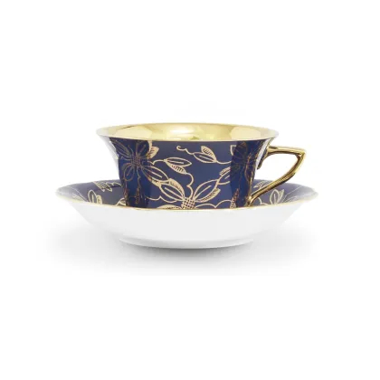 Zdjęcie Porcelanowe filiżanki do herbaty Windsor ze spodkami w kolorze kobaltowym zdobione złotym motywem kwiatowym – Leander