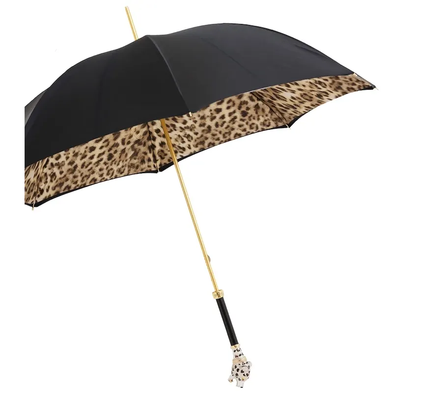 obrazek 8 Oryginalny czarny parasol damski z piękną rączką zdobioną głową jaguara – Pasotti