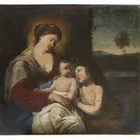 Zdjęcie Zjawiskowy antyczny obraz z XVII wieku Madonna z Dzieciątkiem i św. Janem Chrzcicielem