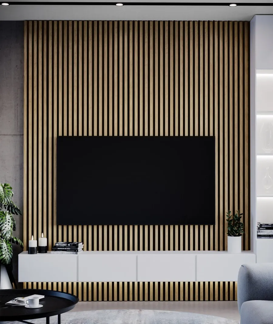 obrazek 1 275x30x4,6 cm LD (5 lameli dąb naturalny) panel akustyczny na płycie MDF 6 mm - dekoracja ścienna 3D