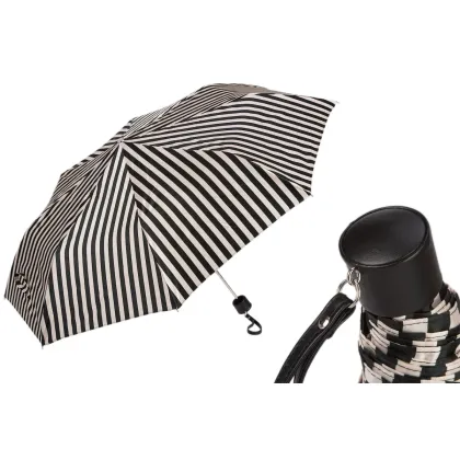 Zdjęcie Stylowy parasol damski w czarno białe paski ze skórzaną rączką - Pasotti