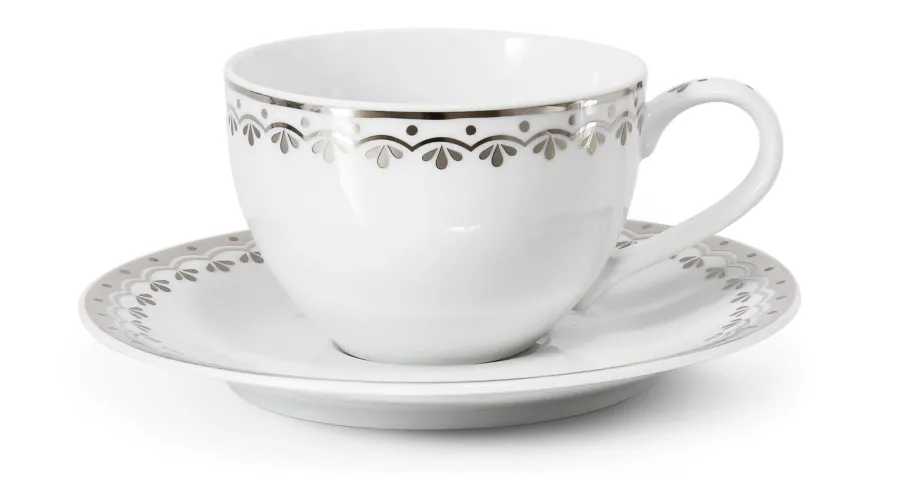 obrazek 1 Piękna filiżanka ze spodkiem z porcelany zdobiona platynowym motywem – wariant 3 – Leander