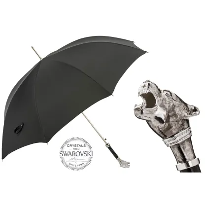 Zdjęcie Elegancki czarny parasol męski z rączką w kształcie srebrnej głowy pantery - Pasotti