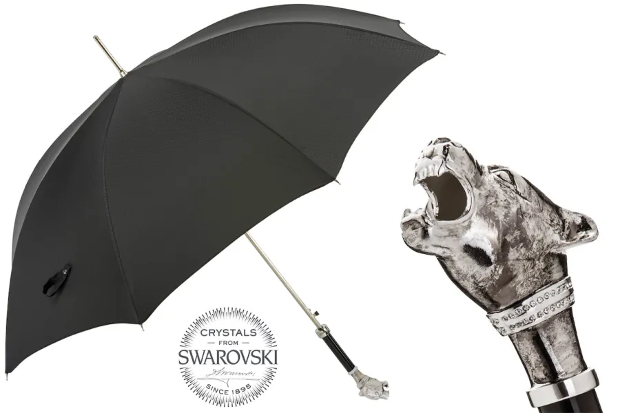 obrazek 1 Elegancki czarny parasol męski z rączką w kształcie srebrnej głowy pantery - Pasotti
