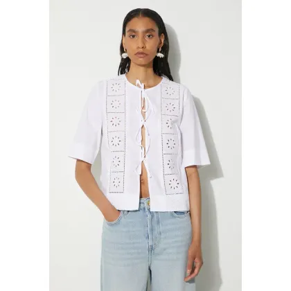 Zdjęcie GANNI koszula bawełniana Broderie Anglaise Tie Blouse damska kolor biały relaxed F9655