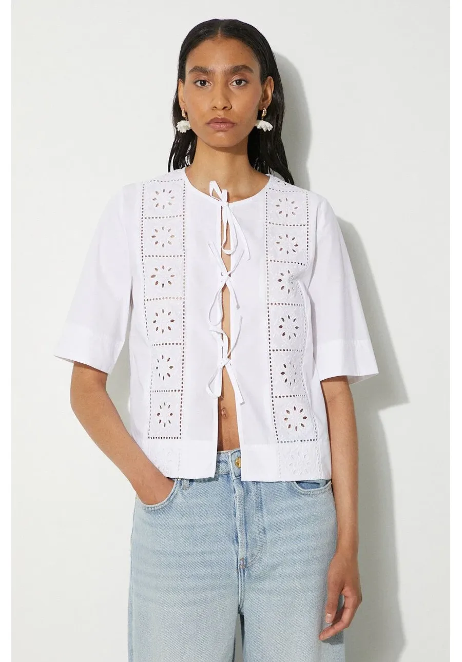 obrazek 1 GANNI koszula bawełniana Broderie Anglaise Tie Blouse damska kolor biały relaxed F9655