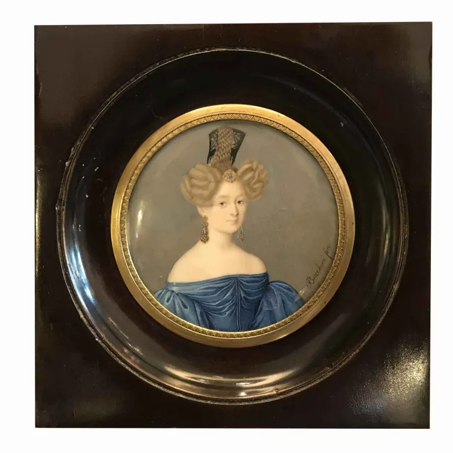 obrazek 1 Antyczna miniatura na kości słoniowej - Portret damy sygnowany 