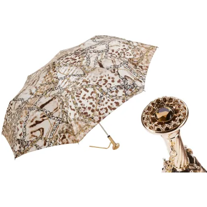 Zdjęcie Stylowy jasnobrązowy parasol damski zdobiony motywem skóry leoparda i motywem łańcuchów z rączką z klejnotem - Pasotti