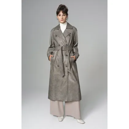 Picture A unique women's oversize leather coat in gray
