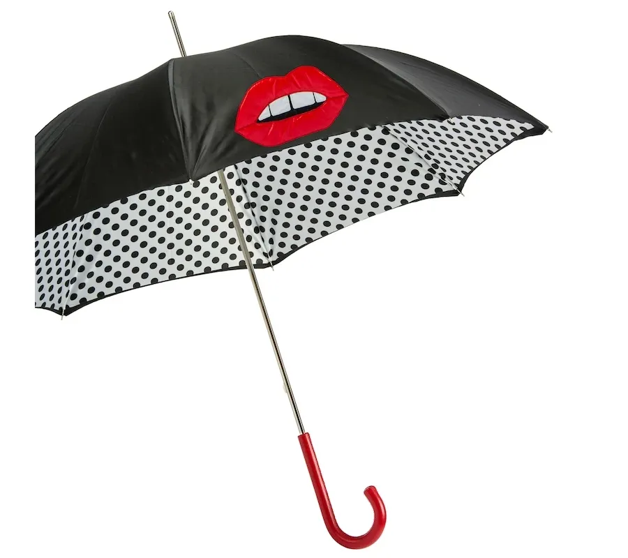 obrazek 8 Stylowy czarno biały parasol damski w czarne kropki zdobiony motywem ust – Pasotti
