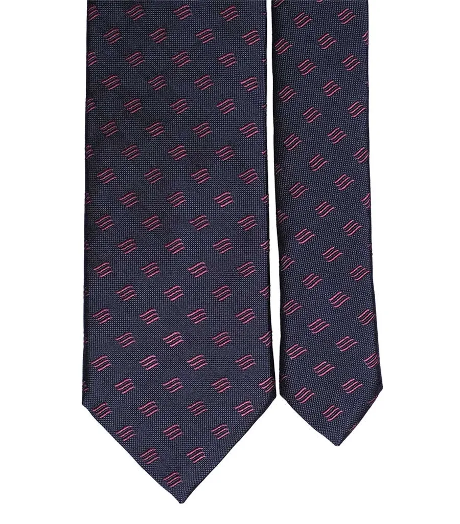 obrazek 2 Ciemnoniebieski, elegancki krawat z różowym wzorkiem w fale
