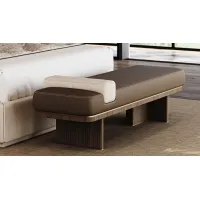 Picture A luxurious upholstered bench with a contoured shape and a walnut wood base