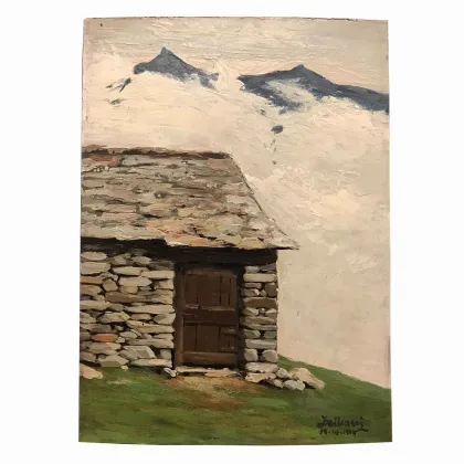 Picture Mountain landscape by Lorenzo Delleani painted in oil on a poplar panel