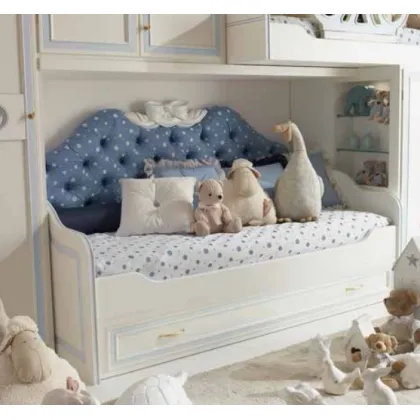 Zdjęcie Rozkładana sofa z drewnianymi bokami i wysuwaną szufladą - Ferretti e Ferretti