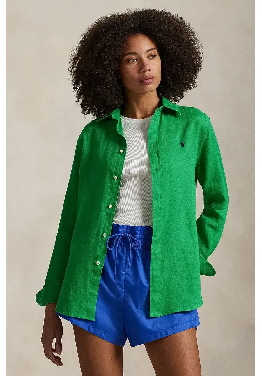 obrazek 1 Polo Ralph Lauren koszula lniana kolor zielony regular z kołnierzykiem klasycznym 211970730