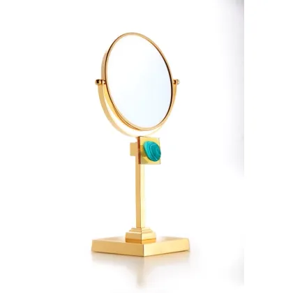 Zdjęcie Piękne stołowe lusterko z powiększeniem (2×) z 24K złota z bursztynowym szkłem i zielonym medalionem z agatu - Il Paralume Marina