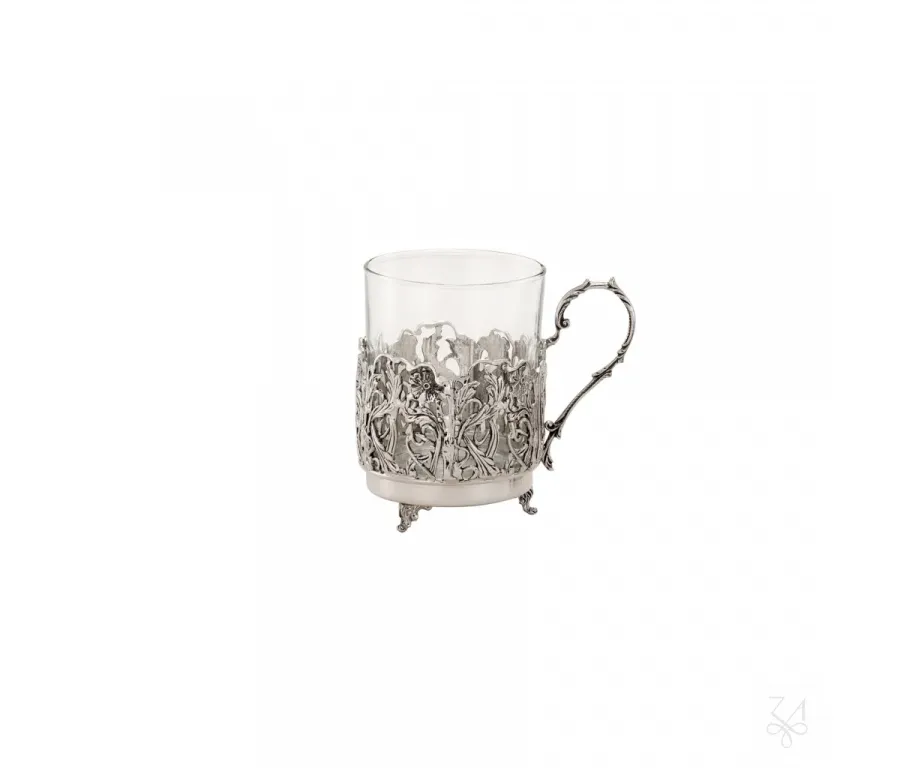 picture 1 Silver tea glass basket with a handle decorated with a plant motif - Zaramella Argenti