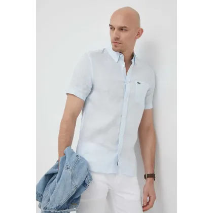 Zdjęcie Lacoste koszula lniana kolor niebieski regular z kołnierzykiem button-down