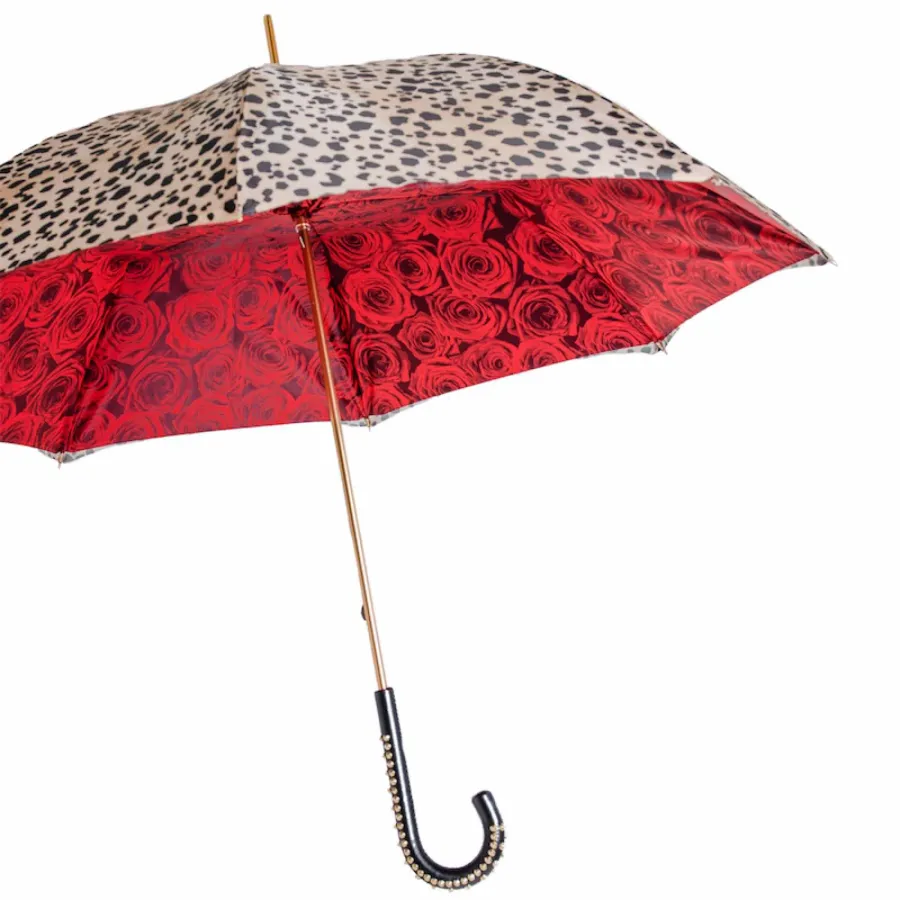obrazek 7 Piękny parasol damski zdobiony motywem skóry leoparda i czerwonych róż - Pasotti