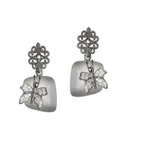 Picture Earrings Polished silver White zircons White cat's eye