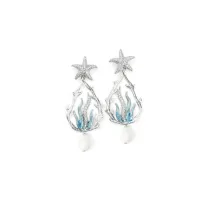 Picture Elegant earrings, rhodium-plated silver, white zircons, white agate, blue enamel