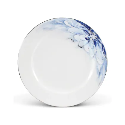 Zdjęcie Płaski duży porcelanowy talerz malowany w kwiaty kobaltem i platyną – Rudolf Kampf