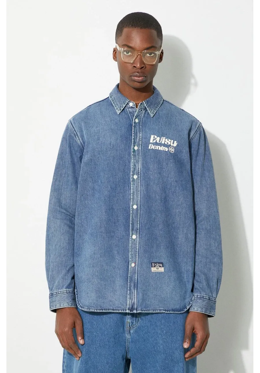 obrazek 1 Evisu koszula jeansowa Brush Daicock Printed męska kolor niebieski relaxed z kołnierzykiem klasycznym 2ESHTM4DL1015