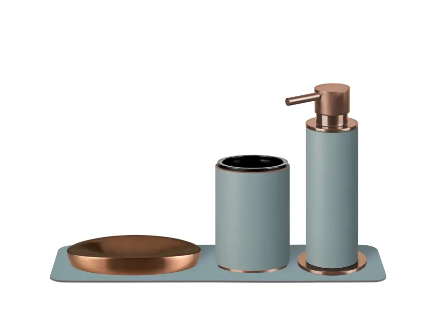 obrazek 2 Miedziowany jasnoniebieski dozownik do łazienki Ø7xH19 cm ze skórzanymi elementami