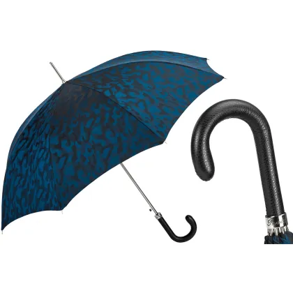 Picture Beautiful, stylish navy blue and black men's umbrella with a black leather handle - Pasotti