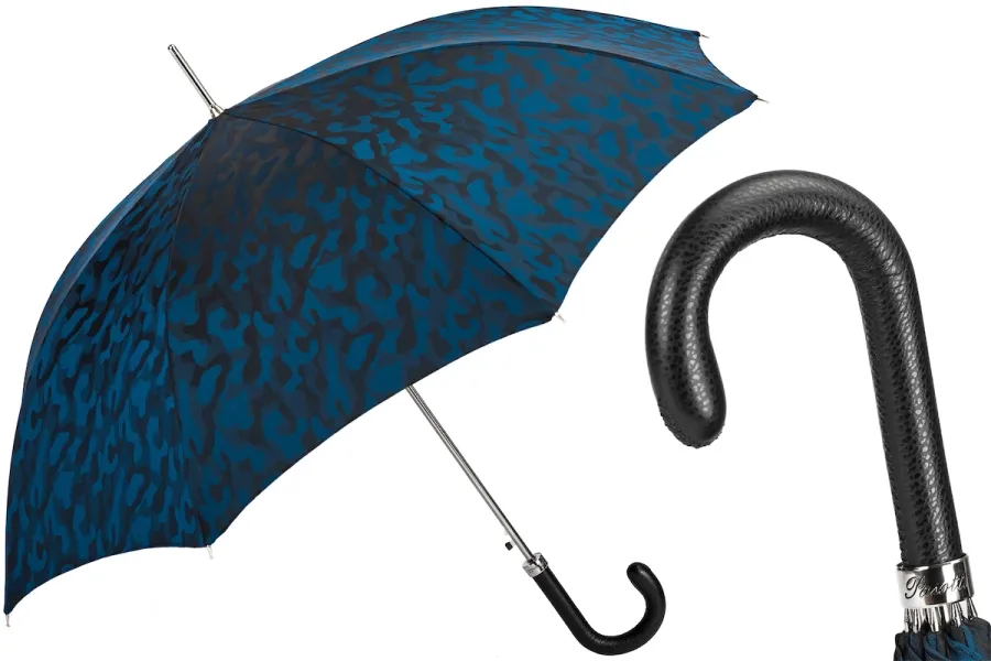 obrazek 1 Piękny stylowy granatowo czarny parasol męski ze skórzaną czarną rączką - Pasotti