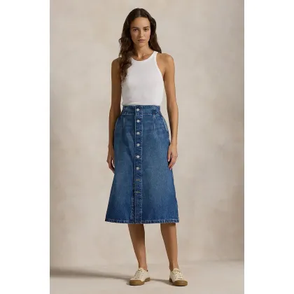 Zdjęcie Polo Ralph Lauren spódnica jeansowa bawełniana kolor niebieski midi rozkloszowana 211959036