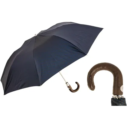 Picture Stylish men's umbrella with a navy blue and brown small pattern with an ostrich leather handle - Pasotti