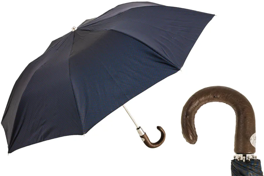 obrazek 1 Stylowy parasol męski w granatowo brązowy drobny wzór z rączką ze skóry strusia – Pasotti