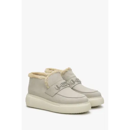 Zdjęcie Estro: Niskie szare botki damskie na zimę z nubuku naturalnego