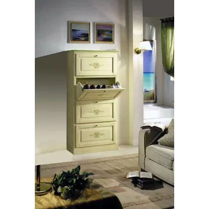 Zdjęcie Szafka na buty z 4 klapami ozdobiona wykończeniem w kolorze kości słoniowej i zielonymi detalami - Zanini