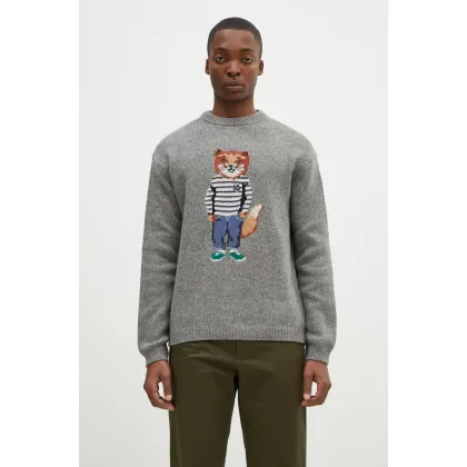 Zdjęcie Maison Kitsuné sweter wełniany Dressed Fox Intarsia męski kolor szary lekki NM00809KH0002