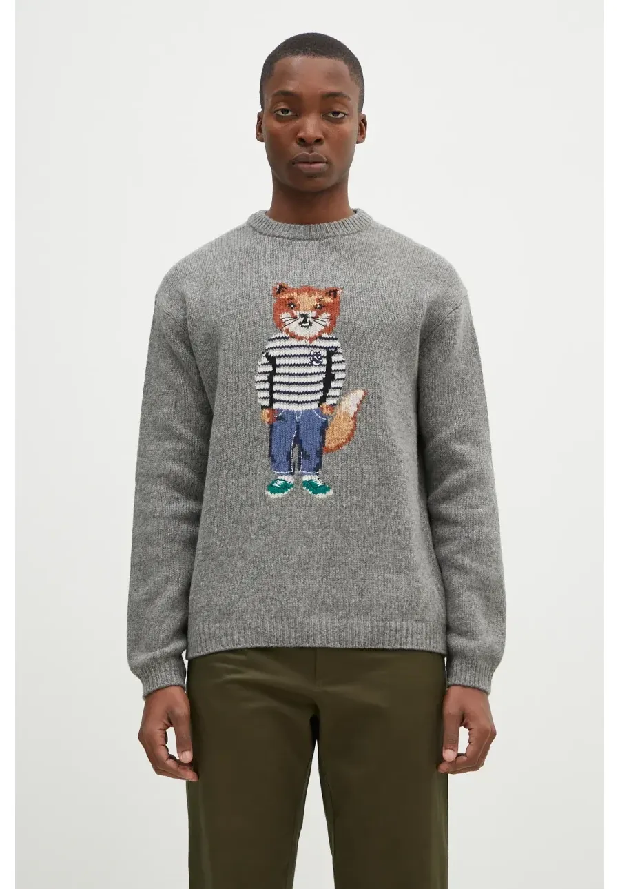 obrazek 1 Maison Kitsuné sweter wełniany Dressed Fox Intarsia męski kolor szary lekki NM00809KH0002