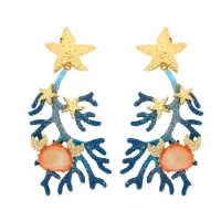 Picture Italian Earrings 18K gold-plated silver earrings with white zircons, pink mother of pearl and blue enamel