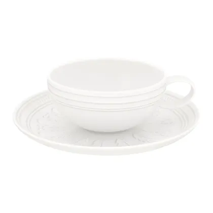 Picture Porcelain Tea Cup and Saucer Ornament with White Sculptural Ornament - Vista Alegre