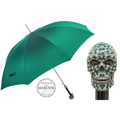 Zdjęcie Oryginalny zielony parasol damski z rączką zdobioną czaszką wysadzaną kryształkami Swarovskiego – Pasotti