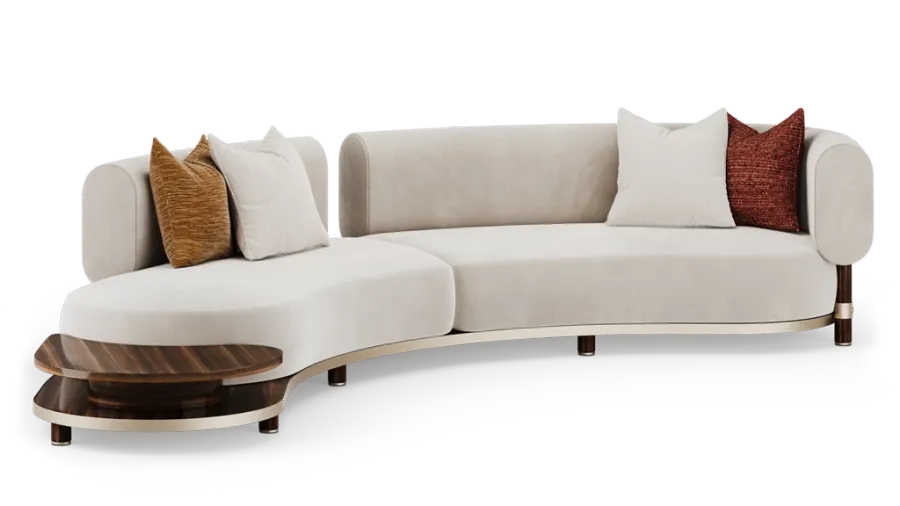 obrazek 7 Wyjątkowa tapicerowana sofa ze zintegrowanym stolikiem bocznym, wykonana z solidnej drewnianej konstrukcji z wyrafinowanymi metalowymi detalami