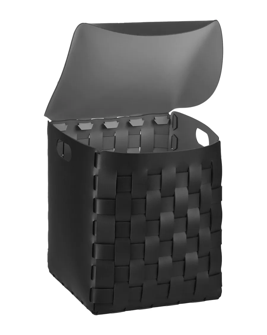 obrazek 1 Unikalny czarny skórzany kosz z pokrywą 35x35xH40 cm