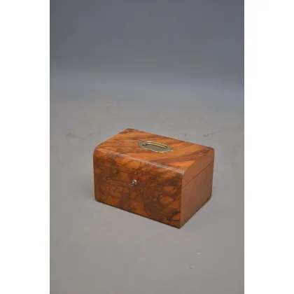 Picture Delicate Victorian walnut jewelry/sewing box with brass carrying handle - antique